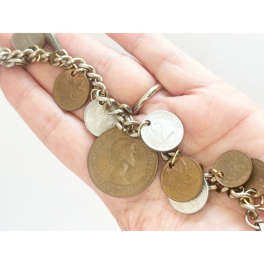 1960s Coin Charm Bracelet Size 7 inch Finland Austria Canada boho festival - Picture 3 of 5
